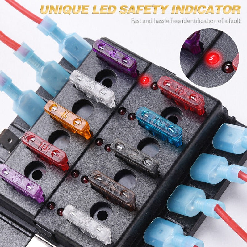 Standard Blade Fuse Box With Positive Busbar & LEDs - 10 Way