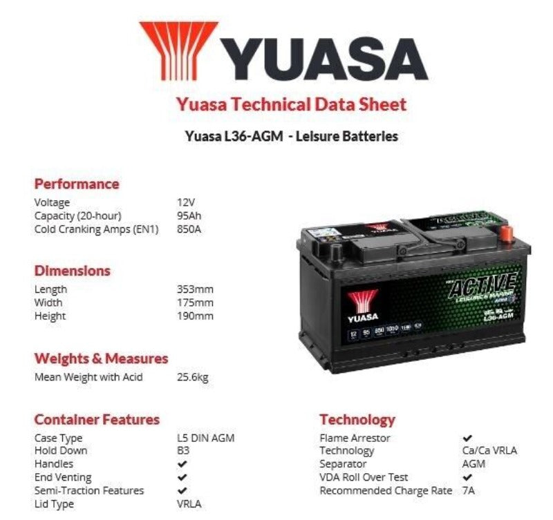 Yuasa L36-AGM Active Leisure AGM Battery 12V 95Ah 850A Class A battery